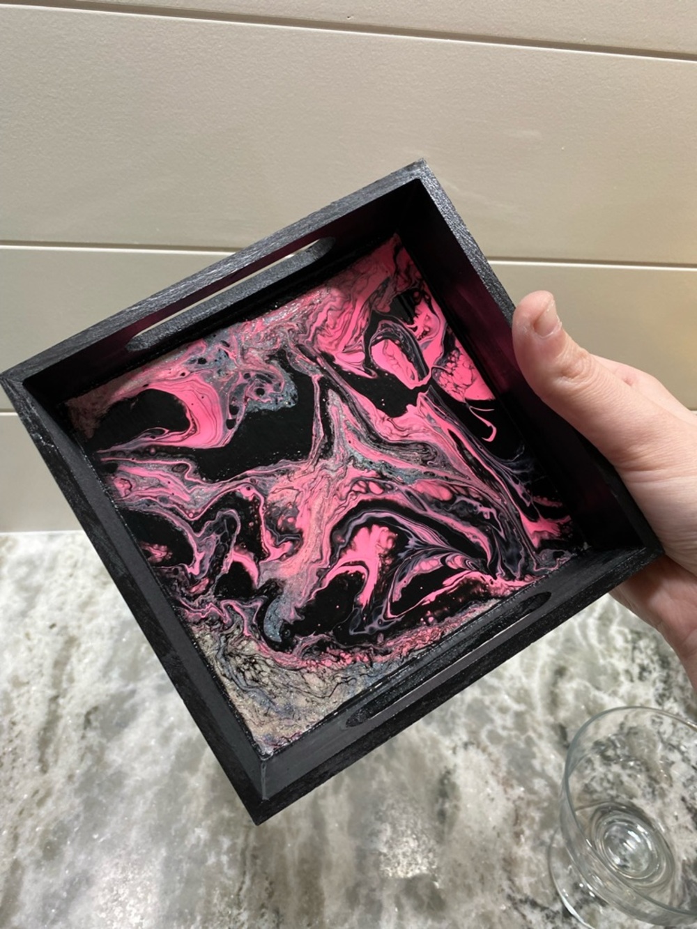 Hand Crafted Wooden Tray with Black & Pink Swirl Art - Picture 3 of 6